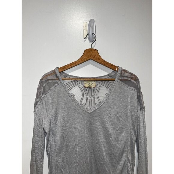 Free People Grey Sheer Long Sleeve Top With Mesh Shoulders & Embroidery Small - Picture 2 of 8